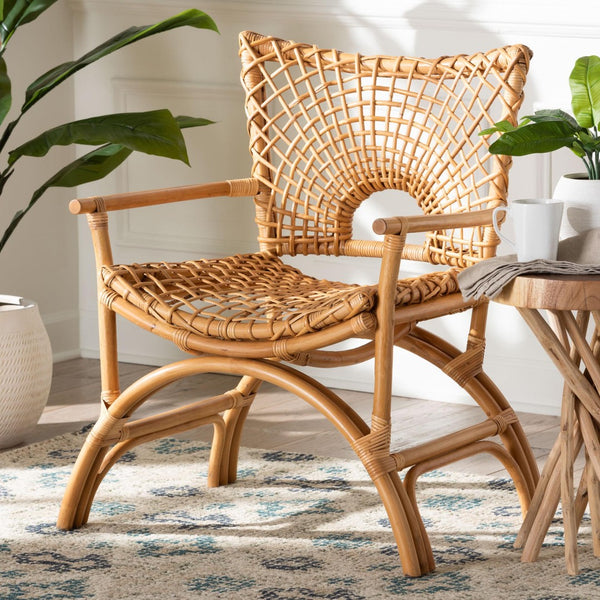 Baxton Studio bali Mamba Bohemian Natural Rattan Arm Chair - Handcrafted Comfort for Stylish Living Spaces & Patios MAMBA-Rattan-CC