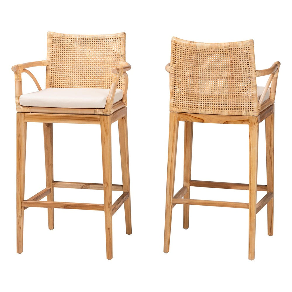 Baxton Studio bali Bohemian 2-Piece Bar Stool Set - Natural Rattan & Teak Wood with Cushions for Kitchen Comfort STORSEL-Natural Rattan/Teak Wood-BS