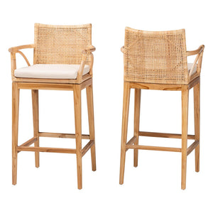Baxton Studio bali Bohemian 2-Piece Bar Stool Set - Natural Rattan & Teak Wood with Cushions for Kitchen Comfort STORSEL-Natural Rattan/Teak Wood-BS