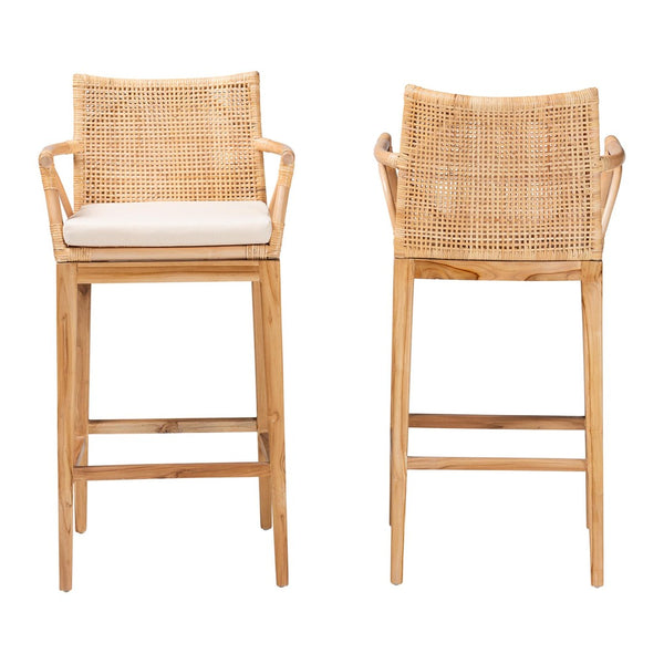 Baxton Studio bali Bohemian 2-Piece Bar Stool Set - Natural Rattan & Teak Wood with Cushions for Kitchen Comfort STORSEL-Natural Rattan/Teak Wood-BS