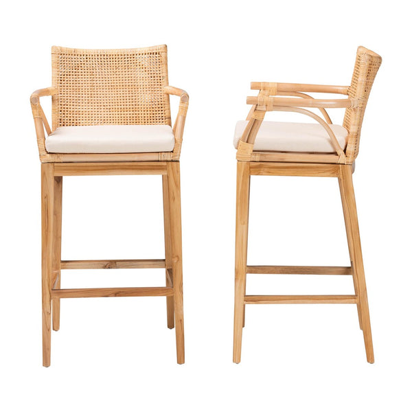 Baxton Studio bali Bohemian 2-Piece Bar Stool Set - Natural Rattan & Teak Wood with Cushions for Kitchen Comfort STORSEL-Natural Rattan/Teak Wood-BS