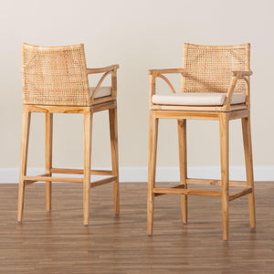 Baxton Studio bali Bohemian 2-Piece Bar Stool Set - Natural Rattan & Teak Wood with Cushions for Kitchen Comfort STORSEL-Natural Rattan/Teak Wood-BS