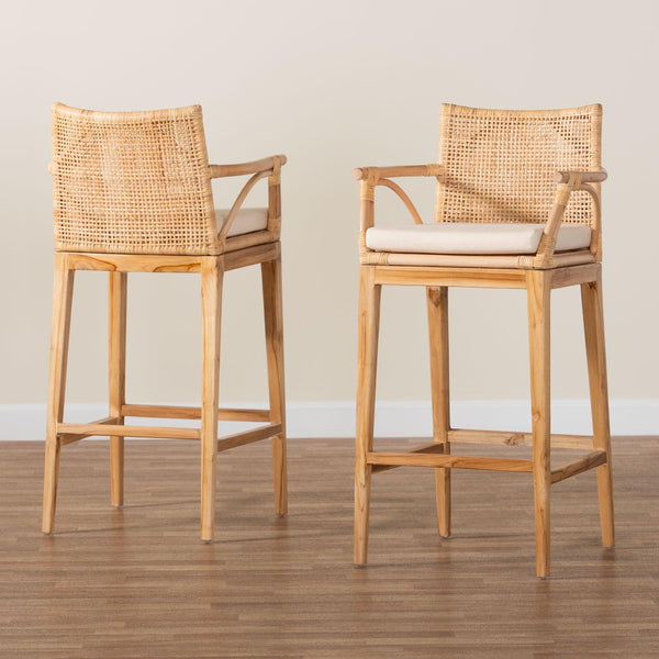 Baxton Studio bali Bohemian 2-Piece Bar Stool Set - Natural Rattan & Teak Wood with Cushions for Kitchen Comfort STORSEL-Natural Rattan/Teak Wood-BS