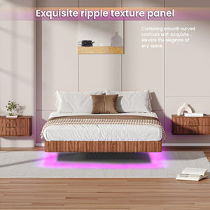 English Elm Walnut Queen Floating Bed Frame with LED Lighting, Wave-Texture MDF & Heavy-Duty Iron Slats — No Box Spring Needed, 1000LB Capacity W1820P333574