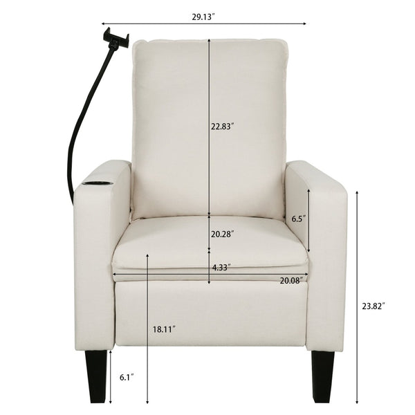 English Elm Recliner Chair with Phone Holder Cup Storage Push Back Fabric Seat for Living Room Beige W680131613