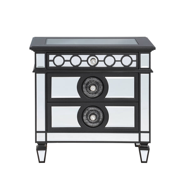 English Elm Varian Mirrored Nightstand with Crystal Knobs, Sunburst Trim & Felt-Lined Drawer — Black/Silver Finish B2726P303758