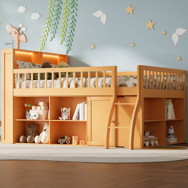 English Elm Full Size Kids Loft Bed with Led Headboard Open Shelving and Natural Wood Frame Natural N7090005024N
