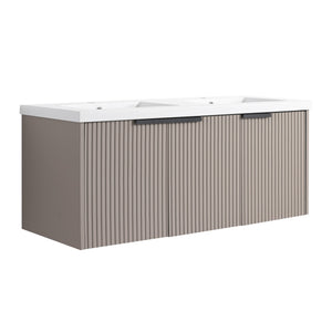 English Elm 48" Modern Wall-Mounted Bathroom Vanity With Double Sink, Soft-Close Doors & Stylish Wavy Panels W999S00353
