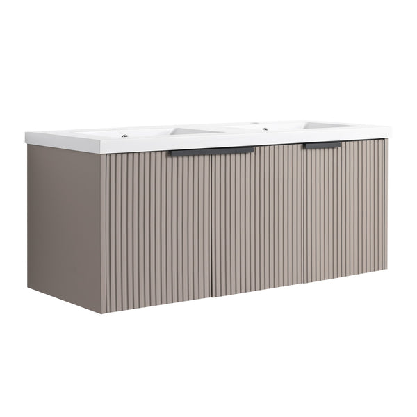 English Elm 48" Modern Wall-Mounted Bathroom Vanity With Double Sink, Soft-Close Doors & Stylish Wavy Panels W999S00353