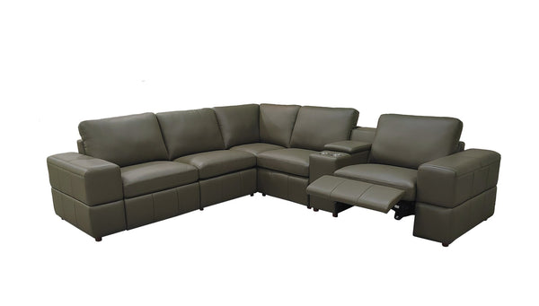 English Elm Premium Leather Match Sectional with Dual Recliners Cup Holders and Storage Console Olive Green B2748S00157
