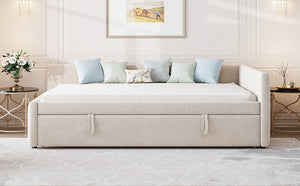 English Elm Full L-Shaped Upholstered Daybed with Twin Pop-Up Trundle, Vertical Stripe Design, Cozy Lounge Style (98) Beige SF000191AAA