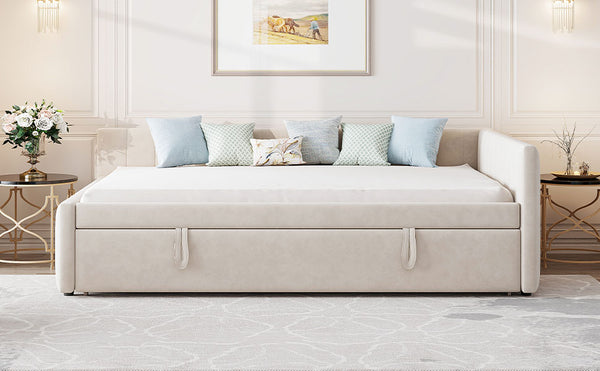 English Elm Full L-Shaped Upholstered Daybed with Twin Pop-Up Trundle, Vertical Stripe Design, Cozy Lounge Style (98) Beige SF000191AAA