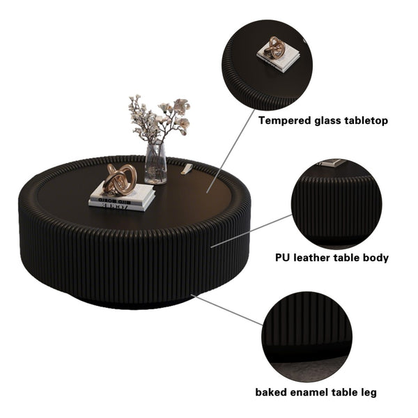 English Elm Black Round Fluted Pu Leather Coffee Table Tempered Glass Top Hidden Storage Modern Black W3081P428980