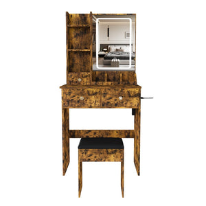 English Elm Modern Vanity Desk with Led Mirror 3 Drawers Built-in Outlet and Matching Chair Antique Brown W509P465834