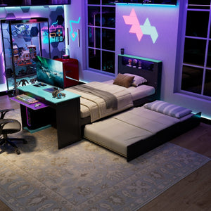 English Elm Twin Wood Gaming Daybed with Trundle Built-in Desk Rgb Lighting and Usb Port Black+Blue LT000283AAC