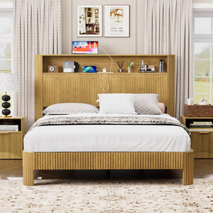 English Elm Queen Modern queen storage bed with wavy headboard, built-in USB charging, silent metal support system Natural W1162P357260