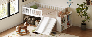 English Elm Twin Platform Kids Bed with Slide Ladder Guardrails Storage Shelf Wood Frame White N733S415411K