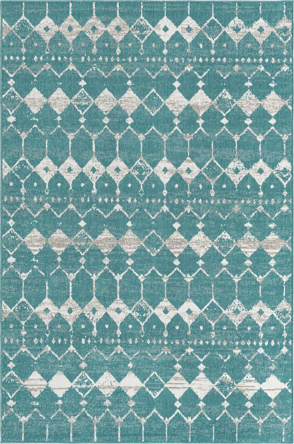 Unique Loom Outdoor Trellis Cardak Machine Made Geometric Rug Teal, Ivory/Gray 6' 1" x 9' 0"