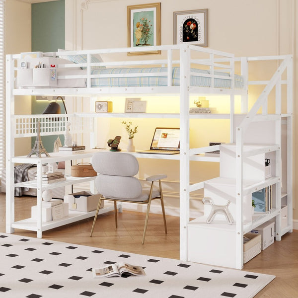 English Elm Full Size Steel Loft Bed with Staircase Storage Wardrobe Desk and Led Lighting White W2593S00078