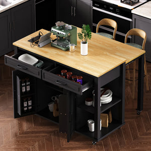 English Elm K&K 47 Inch Kitchen Island with Extendable Dining Table, Rolling Storage Cabinet, Built-In Power Black N707P215327B