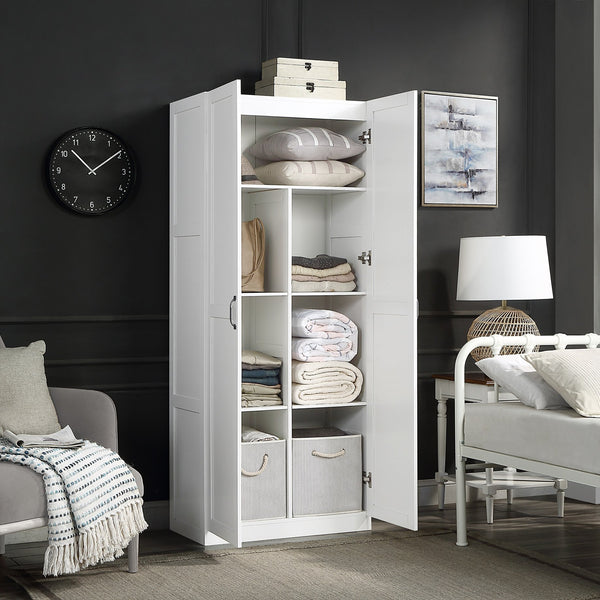 English Elm Hopkins 30" Storage Cabinet White – 7-Shelf Tall MDF Wardrobe with Soft-Close Doors & Black Pulls B365P397858