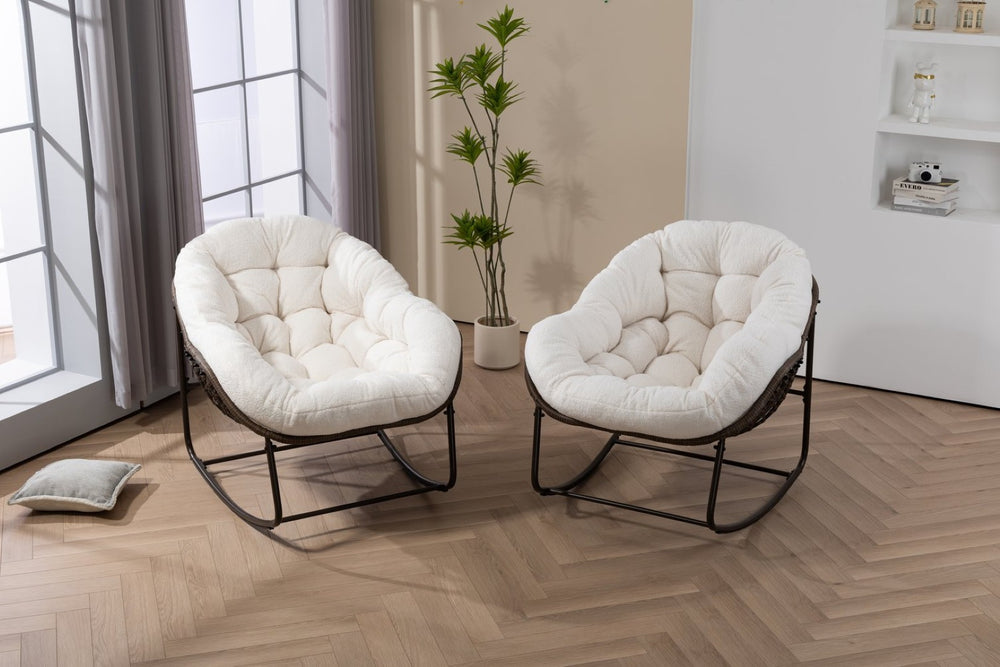 English Elm Outdoor Woven Rattan Egg Rocking Chair with Padded Cushion for Patio Porch Resort Lounge Ancient White W640P499471