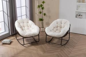English Elm Outdoor Woven Rattan Egg Rocking Chair with Padded Cushion for Patio Porch Resort Lounge Ancient White W640P499471