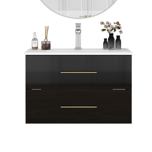 English Elm 30-Inch Sleek Black Gloss Wall-Mounted Bathroom Vanity With Integrated Sink & Easy Installation Options W3151S00054