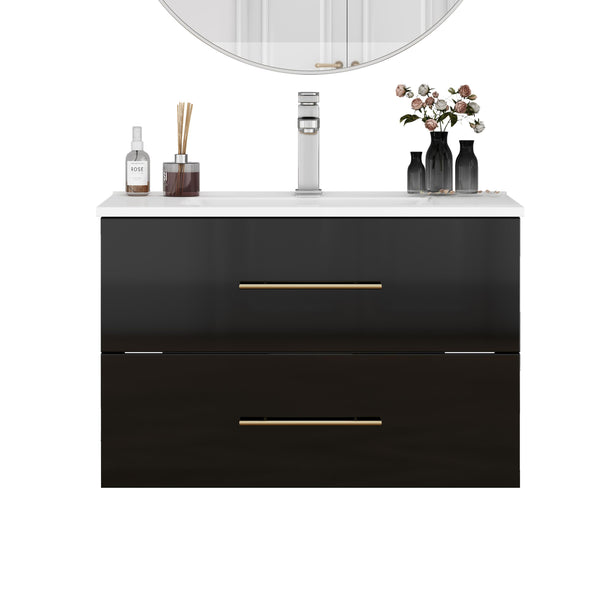 English Elm 30-Inch Sleek Black Gloss Wall-Mounted Bathroom Vanity With Integrated Sink & Easy Installation Options W3151S00054
