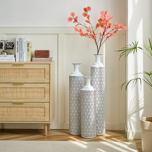 English Elm Floor Metal Vases Set of 3 White & Black Glazed Metal Cylinder Vases Tall Textured Gold Accent Decor W2796P278066