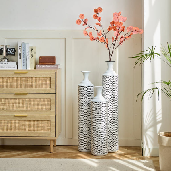 English Elm Floor Metal Vases Set of 3 White & Black Glazed Metal Cylinder Vases Tall Textured Gold Accent Decor W2796P278066