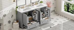English Elm 60" Grey Bathroom Vanity Set with Double Sinks, Solid Wood, Soft-Close Doors, Divided Drawers & Storage Shelves for Spacious Modern Baths N729P000001E
