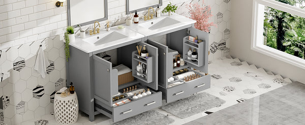 English Elm 60" Grey Bathroom Vanity Set with Double Sinks, Solid Wood, Soft-Close Doors, Divided Drawers & Storage Shelves for Spacious Modern Baths N729P000001E
