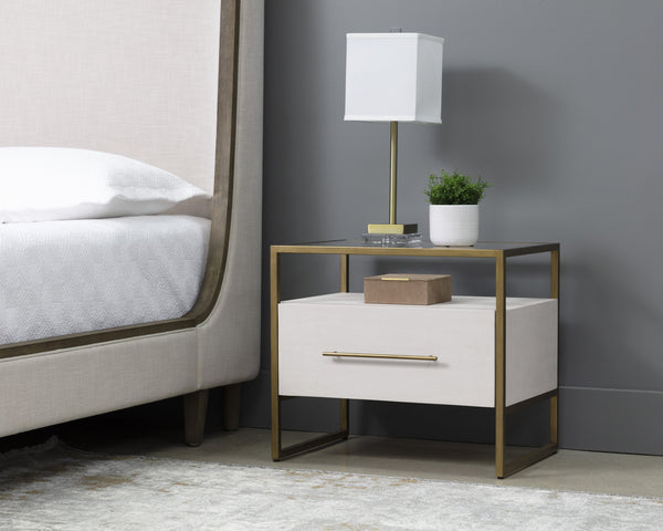 Sunpan Venice Nightstand – Glamorous Acacia Wood Design with Tempered Glass Top and Antique Brass Hardware Oyster Shagreen