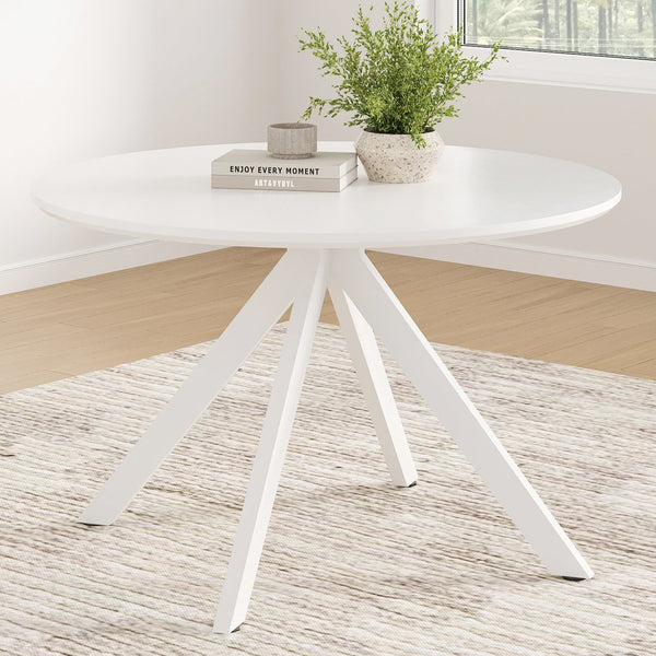 English Elm 47.2" Solid Wood Round Dining Table for 4-6 with X-Shaped Pedestal, Spacious Surface & Floor-Protecting Pads White T3623P408642