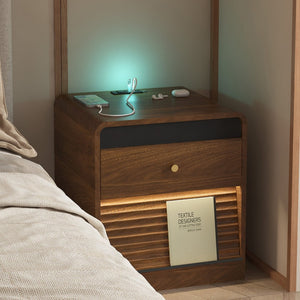 English Elm Nightstand Smart Bedside Cabinet with Led Strip Charging Station and Voice Night Light Wood W1321P413949
