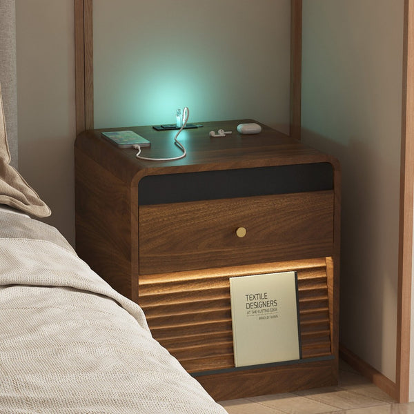 English Elm Nightstand Smart Bedside Cabinet with Led Strip Charging Station and Voice Night Light Wood W1321P413949