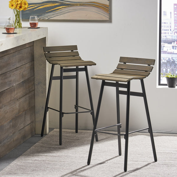 English Elm Christopher Knight Home® - NORDIC Camron 35" Wooden Barstool Set of 2 – Gray Acacia Seat with Black Iron Legs, Industrial Elegance 65564.00GRY