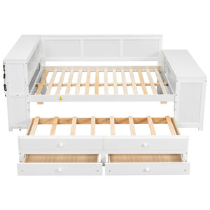 English Elm Full Size Pine Wood Platform Daybed with Led Headboard Desk Storage and Charging White N7090000475K-1