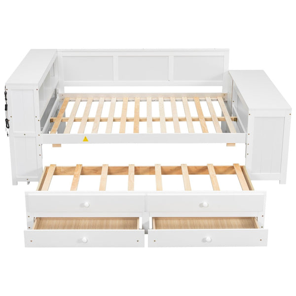 English Elm Full Size Pine Wood Platform Daybed with Led Headboard Desk Storage and Charging White N7090000475K-1