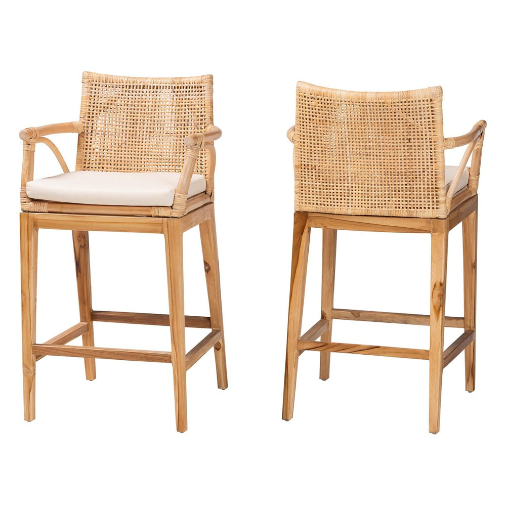 Baxton Studio bali Bohemian Rattan & Teak Wood Counter Stool Set - 2-Piece, Tropical Comfort for Your Space! STORSEL-Natural Rattan/Teak Wood-CS