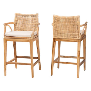 Baxton Studio bali Bohemian Rattan & Teak Wood Counter Stool Set - 2-Piece, Tropical Comfort for Your Space! STORSEL-Natural Rattan/Teak Wood-CS