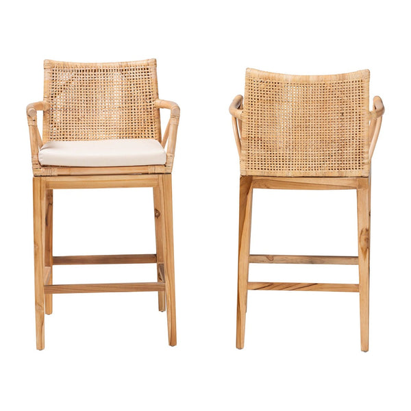 Baxton Studio bali Bohemian Rattan & Teak Wood Counter Stool Set - 2-Piece, Tropical Comfort for Your Space! STORSEL-Natural Rattan/Teak Wood-CS