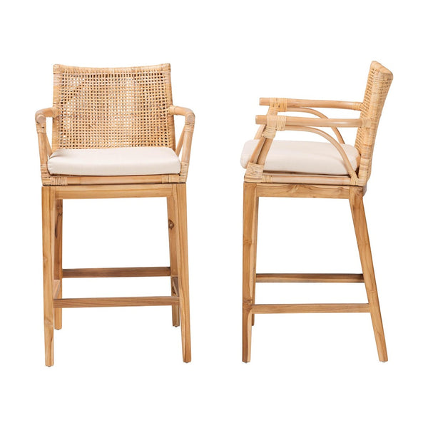Baxton Studio bali Bohemian Rattan & Teak Wood Counter Stool Set - 2-Piece, Tropical Comfort for Your Space! STORSEL-Natural Rattan/Teak Wood-CS