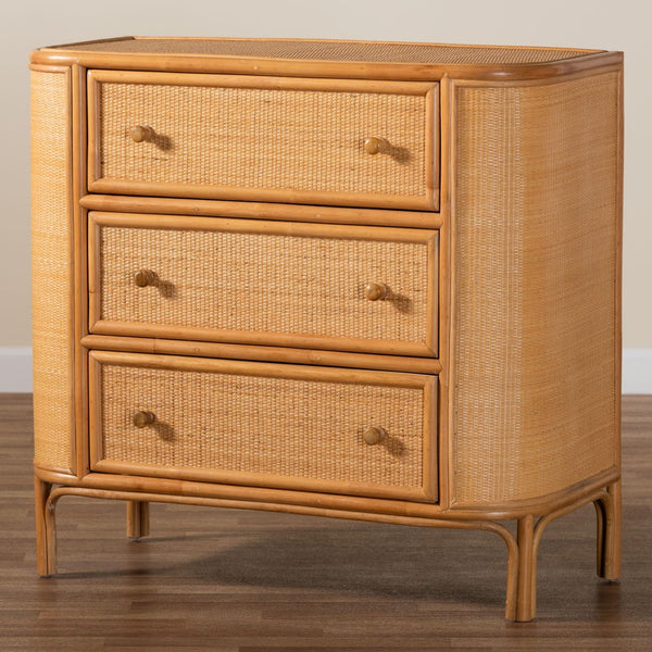 Baxton Studio bali Radenza Bohemian Light Honey Rattan 3-Drawer Storage Cabinet - Handcrafted Charm & Functionality RADENZA-Light Honey Rattan-Cabinet