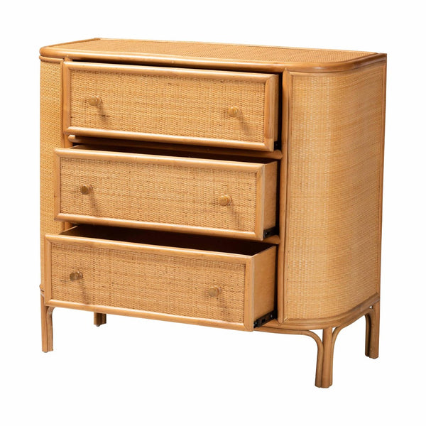 Baxton Studio bali Radenza Bohemian Light Honey Rattan 3-Drawer Storage Cabinet - Handcrafted Charm & Functionality RADENZA-Light Honey Rattan-Cabinet