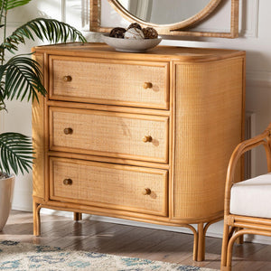 Baxton Studio bali Radenza Bohemian Light Honey Rattan 3-Drawer Storage Cabinet - Handcrafted Charm & Functionality RADENZA-Light Honey Rattan-Cabinet