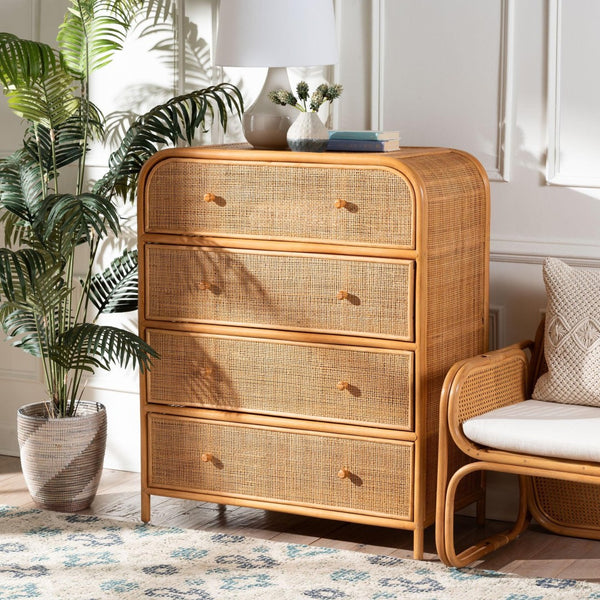 Baxton Studio bali Bali Sampit Natural Rattan 4-Drawer Storage Cabinet - Handcrafted Coastal Accent for Home Organization SAMPIT-Light Honey Rattan-Cabinet