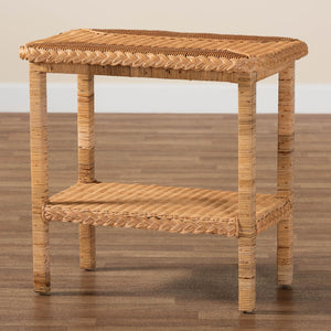 Baxton Studio bali Minahasa Bohemian Honey Rattan Side Table - Handcrafted Coastal Charm with Open Shelf Storage MINAHASA-Light Honey Rattan-End Table