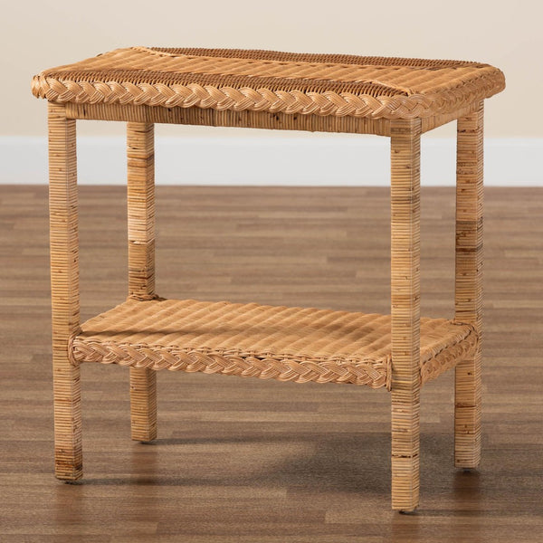 Baxton Studio bali Minahasa Bohemian Honey Rattan Side Table - Handcrafted Coastal Charm with Open Shelf Storage MINAHASA-Light Honey Rattan-End Table